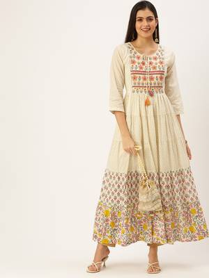 women's ankle length keyhole neck off white floral anarkali kurta 1