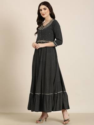 women's ankle length round neck navy blue chevron anarkali kurta comes with duppatta 4