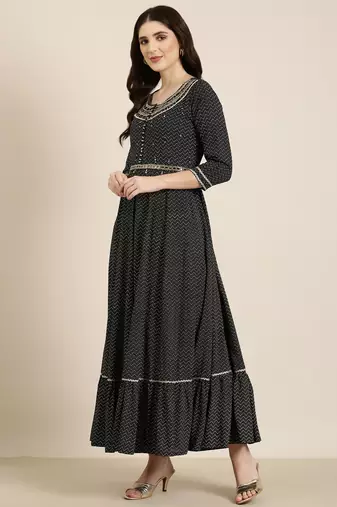 women's ankle length round neck navy blue chevron anarkali kurta comes with duppatta