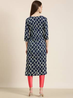 women's calf length round neck navy blue geometric straight kurta 5