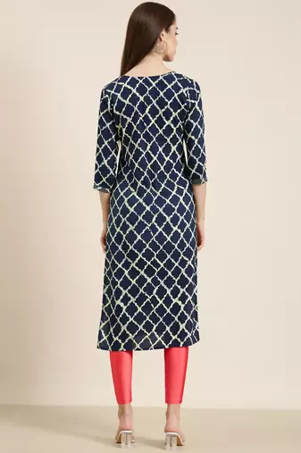 women's calf length round neck navy blue geometric straight kurta