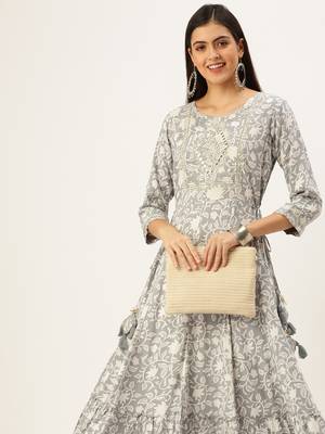 women's ankle length round neck grey floral anarkali kurta 2