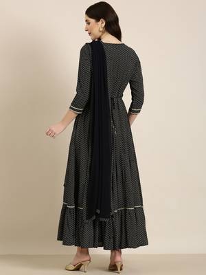 women's ankle length round neck navy blue chevron anarkali kurta comes with duppatta 5