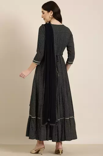 women's ankle length round neck navy blue chevron anarkali kurta comes with duppatta