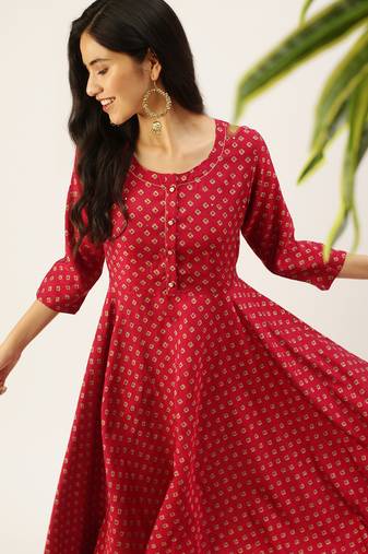 women's ankle length round neck pink bandhani a-line kurta