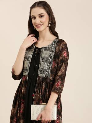 women's ankle length round neck black floral anarkali kurta 1