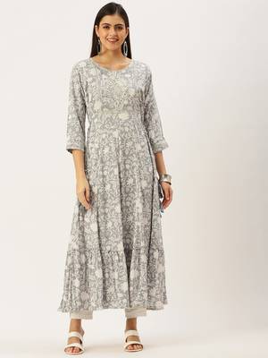 women's ankle length round neck grey floral anarkali kurta 3