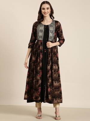 women's ankle length round neck black floral anarkali kurta 2