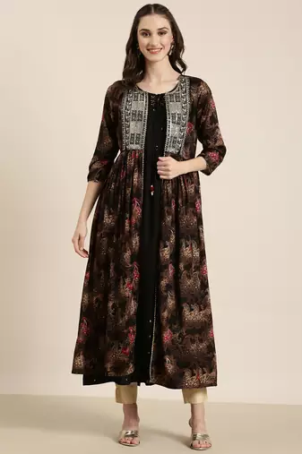 women's ankle length round neck black floral anarkali kurta