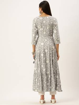 women's ankle length round neck grey floral anarkali kurta 5