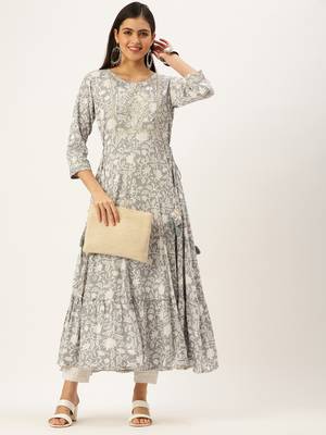 women's ankle length round neck grey floral anarkali kurta 1