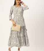women's ankle length round neck grey floral anarkali kurta