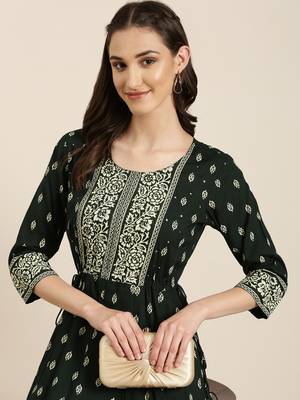women's ankle length round neck green floral anarkali kurta 2