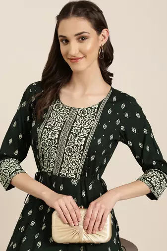 women's ankle length round neck green floral anarkali kurta