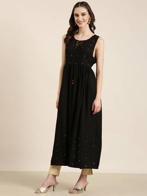 women's ankle length round neck black floral anarkali kurta 5