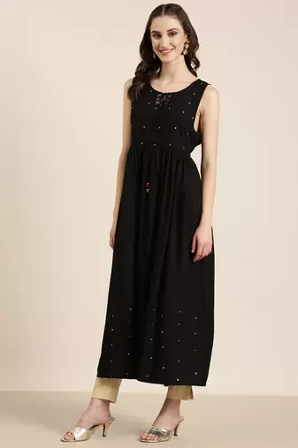 women's ankle length round neck black floral anarkali kurta