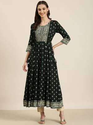 women's ankle length round neck green floral anarkali kurta 1
