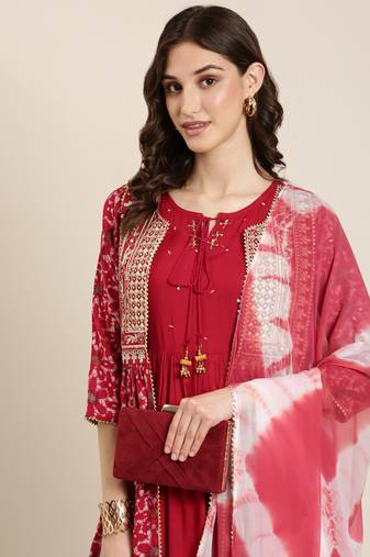 women's ankle length round neck fuchsia floral anarkali kurta