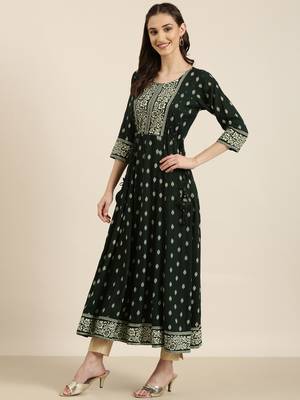 women's ankle length round neck green floral anarkali kurta 4