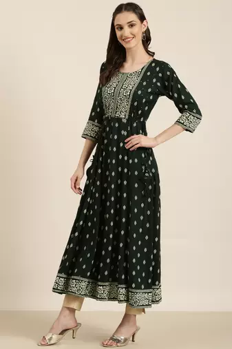 women's ankle length round neck green floral anarkali kurta