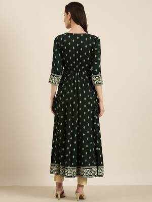 women's ankle length round neck green floral anarkali kurta 5