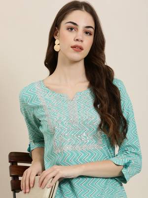 women's calf length round neck turquoise blue chevron straight kurta 1