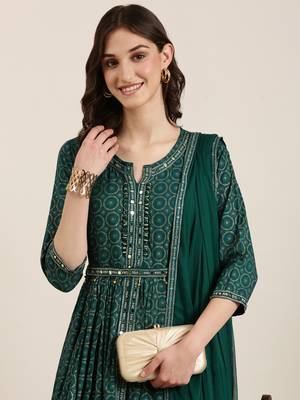 Showoff women's ankle length round neck teal ethnic motifs anarkali kurta comes with duppatta 1