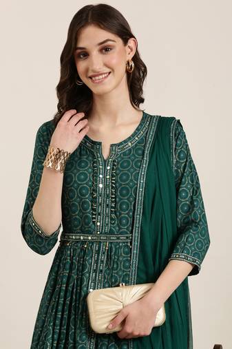 Showoff women's ankle length round neck teal ethnic motifs anarkali kurta comes with duppatta