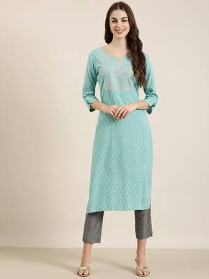 women's calf length round neck turquoise blue chevron straight kurta 2
