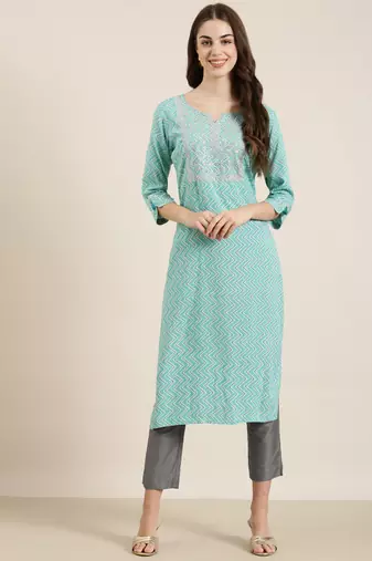 women's calf length round neck turquoise blue chevron straight kurta