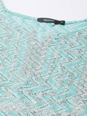women's calf length round neck turquoise blue chevron straight kurta 3