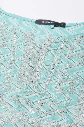 women's calf length round neck turquoise blue chevron straight kurta