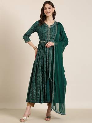 Showoff women's ankle length round neck teal ethnic motifs anarkali kurta comes with duppatta 2