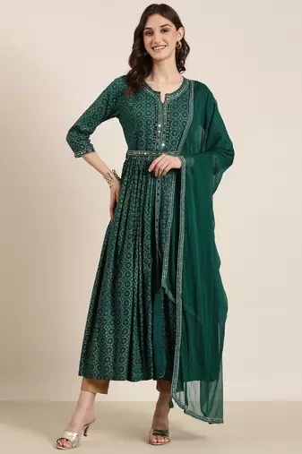 Showoff women's ankle length round neck teal ethnic motifs anarkali kurta comes with duppatta