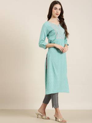 women's calf length round neck turquoise blue chevron straight kurta 4