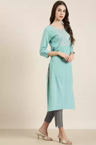 women's calf length round neck turquoise blue chevron straight kurta