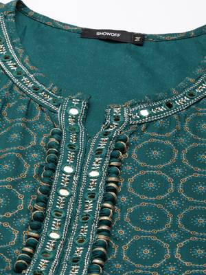 Showoff women's ankle length round neck teal ethnic motifs anarkali kurta comes with duppatta 3