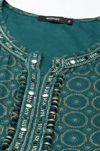 Showoff women's ankle length round neck teal ethnic motifs anarkali kurta comes with duppatta