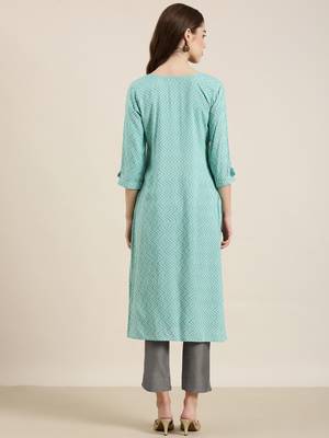 women's calf length round neck turquoise blue chevron straight kurta 5