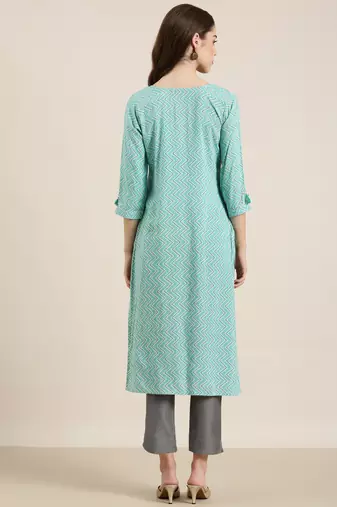 women's calf length round neck turquoise blue chevron straight kurta
