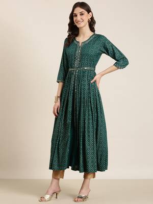 Showoff women's ankle length round neck teal ethnic motifs anarkali kurta comes with duppatta 4