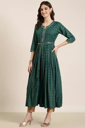 Showoff women's ankle length round neck teal ethnic motifs anarkali kurta comes with duppatta