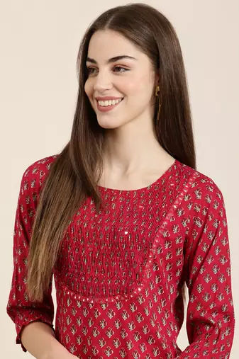women's calf length round neck fuchsia floral straight kurta