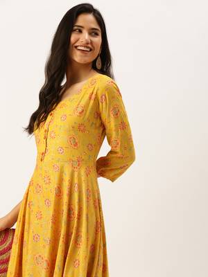 women's ankle length round neck yellow floral anarkali kurta 1