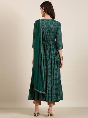 Showoff women's ankle length round neck teal ethnic motifs anarkali kurta comes with duppatta 5