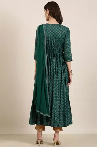 Showoff women's ankle length round neck teal ethnic motifs anarkali kurta comes with duppatta