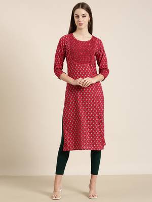 women's calf length round neck fuchsia floral straight kurta 1