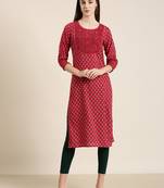 women's calf length round neck fuchsia floral straight kurta
