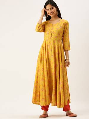 women's ankle length round neck yellow floral anarkali kurta 2