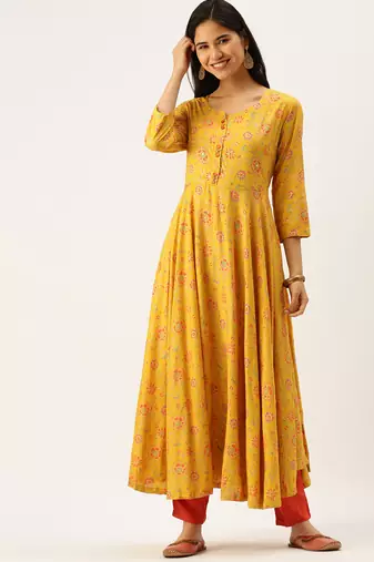 women's ankle length round neck yellow floral anarkali kurta